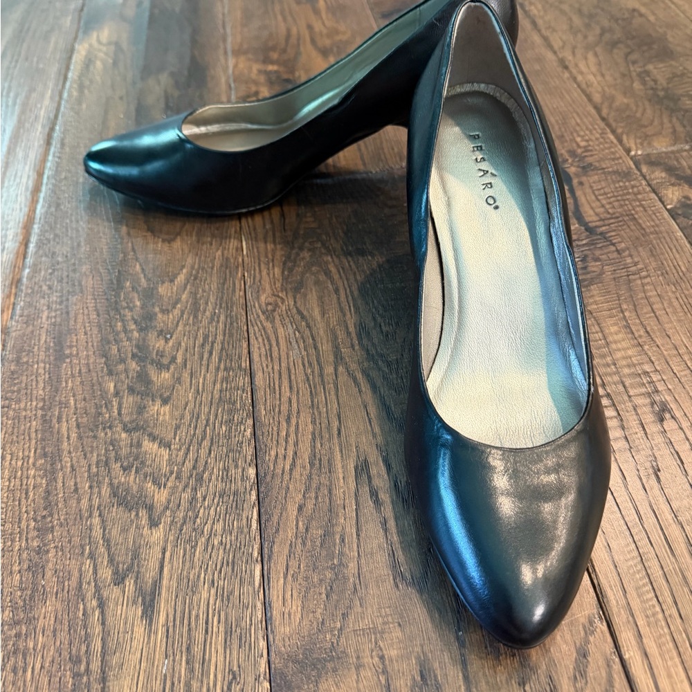 Pesaro Black Leather Pointed Pump with Low Heel